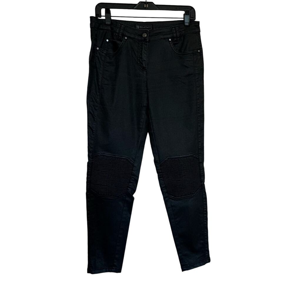 Belstaff Black Biker Pants Size 29 Moto-Inspired Stretch Denim Ribbed Knee Waxed - Picture 5 of 9